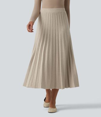 High Waisted Plisse A-Line Midi Casual Sweater Skirt