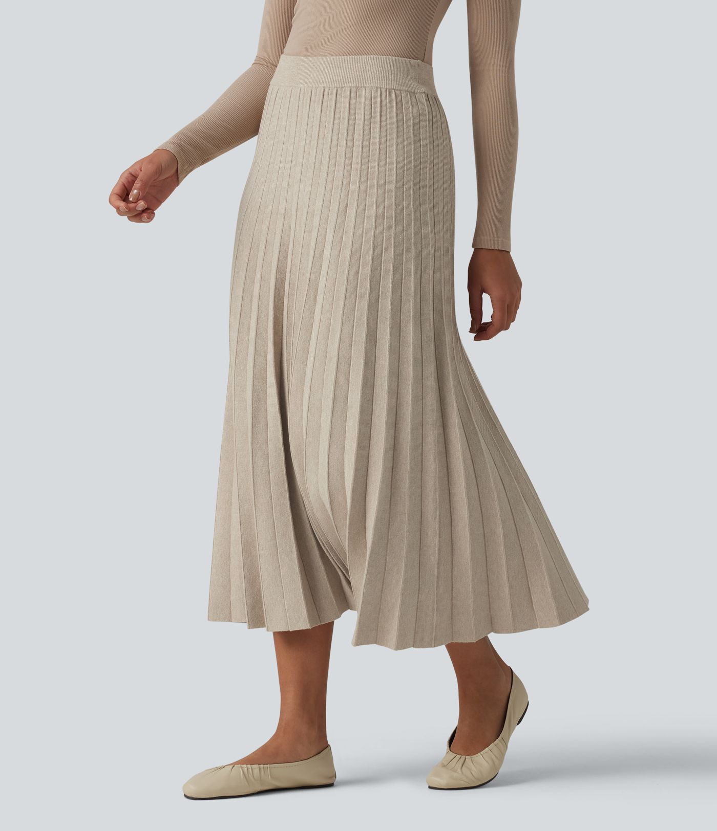 High Waisted Plisse A-Line Midi Casual Sweater Skirt