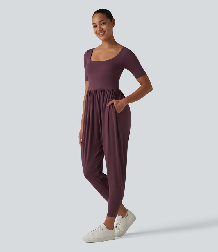 SoftlyZero™ Airy Scoop Neck Short Sleeve Built-in Bra Cool Touch Casual Jumpsuit with Pockets-Easy Peezy Edition