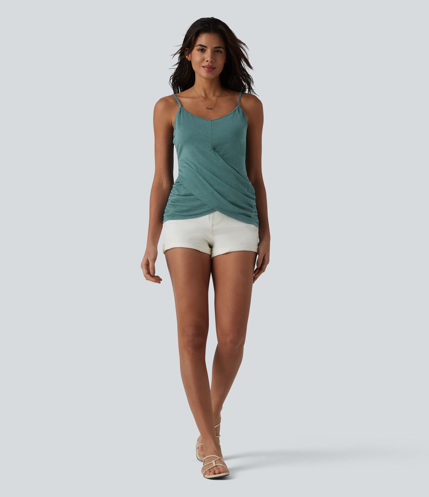 Adjustable Straps Ruched Crossover Hem Casual Heathered Tank Top