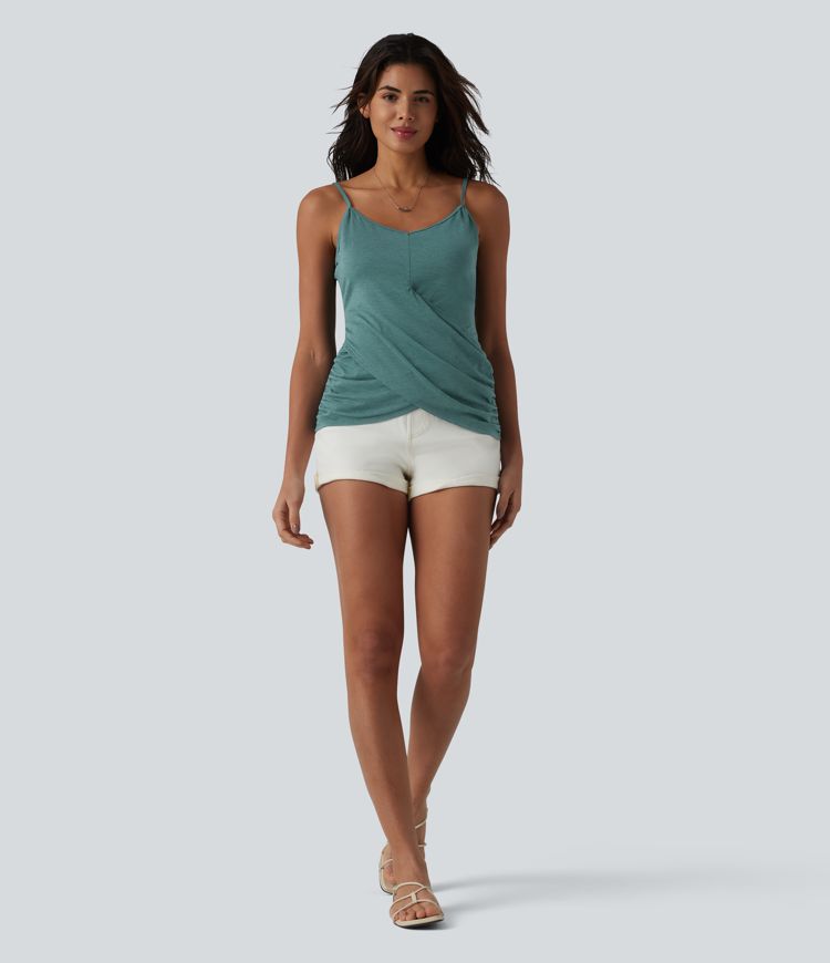Adjustable Straps Ruched Crossover Hem Casual Heathered Tank Top