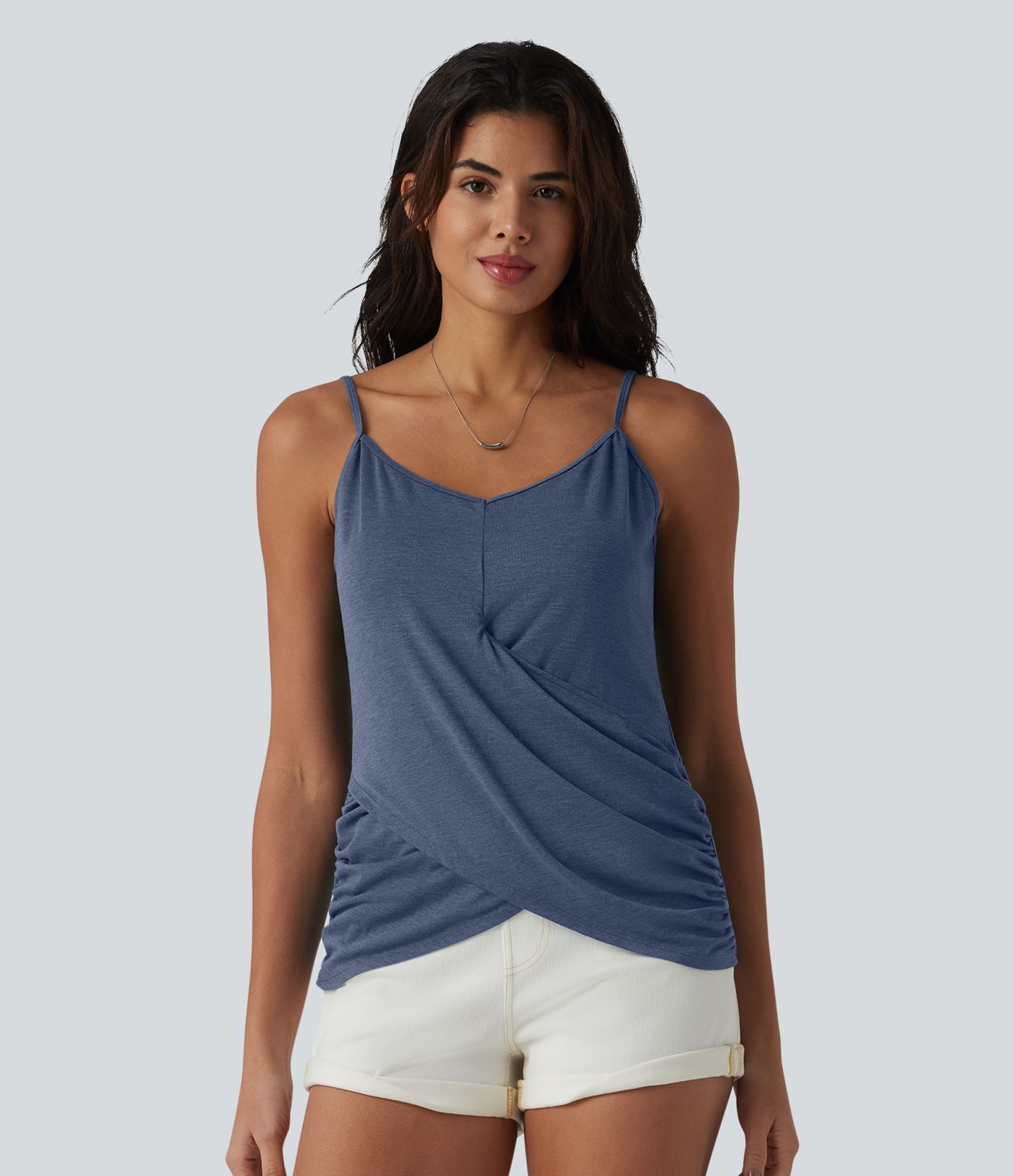 Adjustable Straps Ruched Crossover Hem Casual Heathered Tank Top Adjustable Straps Ruched Crossover Hem Casual Heathered Tank Top