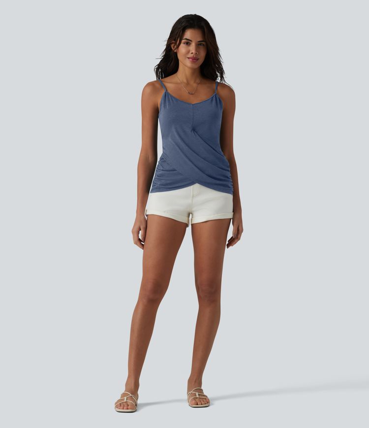 Adjustable Straps Ruched Crossover Hem Casual Heathered Tank Top Adjustable Straps Ruched Crossover Hem Casual Heathered Tank Top