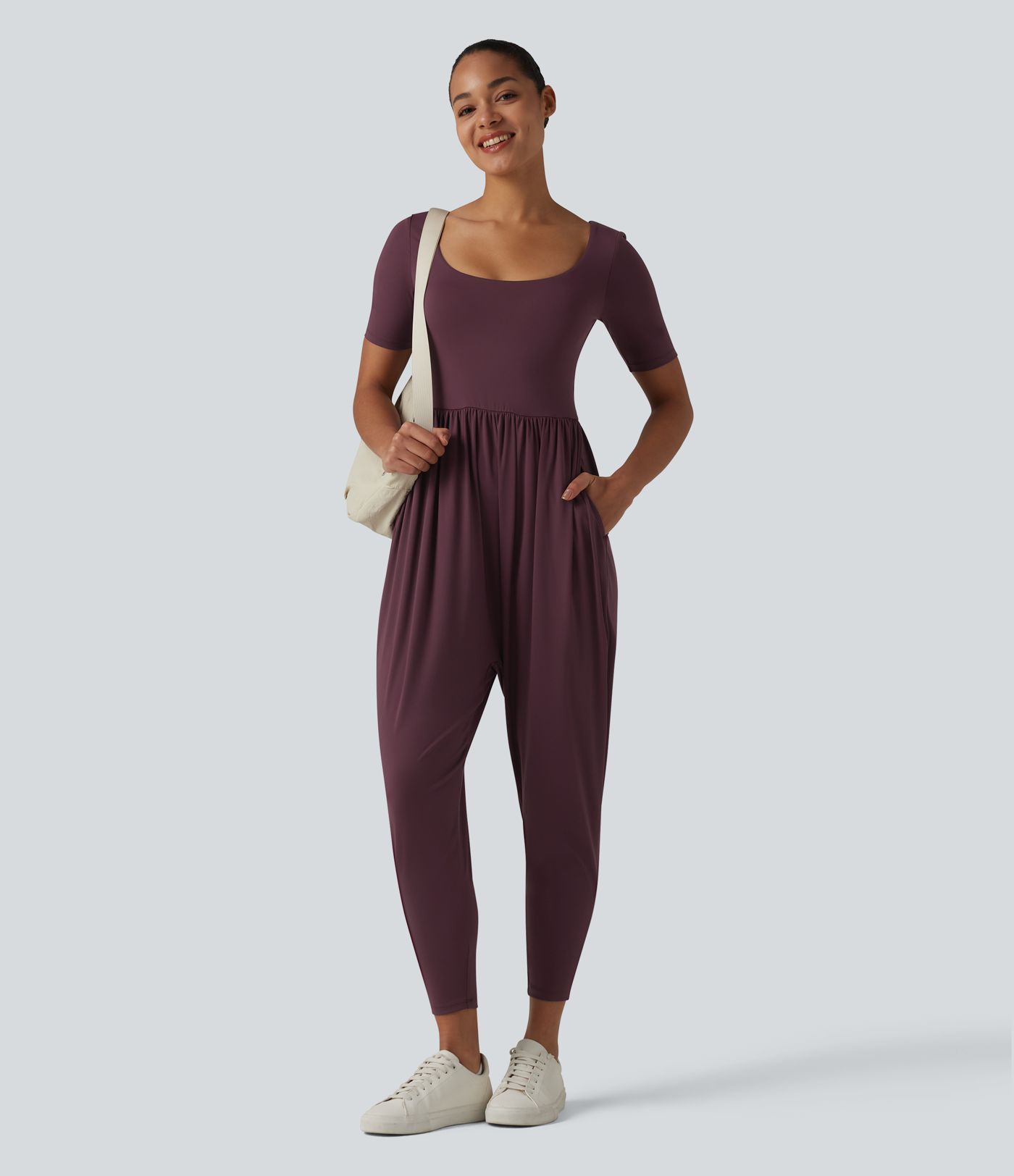 SoftlyZero™ Airy Scoop Neck Short Sleeve Built-in Bra Cool Touch Casual Jumpsuit with Pockets-Easy Peezy Edition