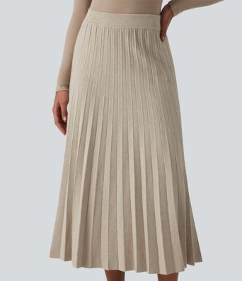 High Waisted Plisse A-Line Midi Casual Sweater Skirt