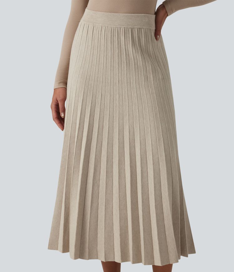 High Waisted Plisse A-Line Midi Casual Sweater Skirt