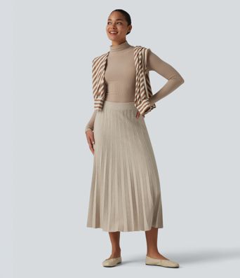 High Waisted Plisse A-Line Midi Casual Sweater Skirt