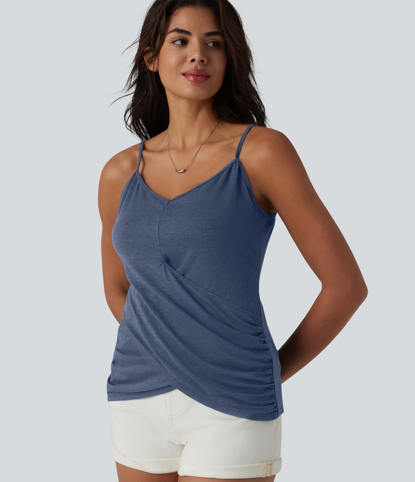 Adjustable Straps Ruched Crossover Hem Casual Heathered Tank Top Adjustable Straps Ruched Crossover Hem Casual Heathered Tank Top