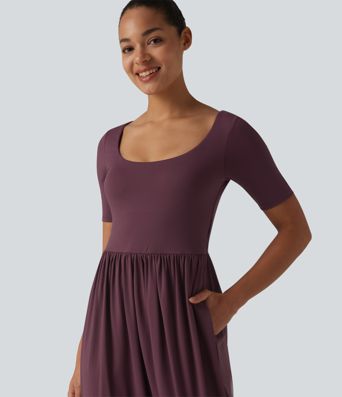 SoftlyZero™ Airy Scoop Neck Short Sleeve Built-in Bra Cool Touch Casual Jumpsuit with Pockets-Easy Peezy Edition