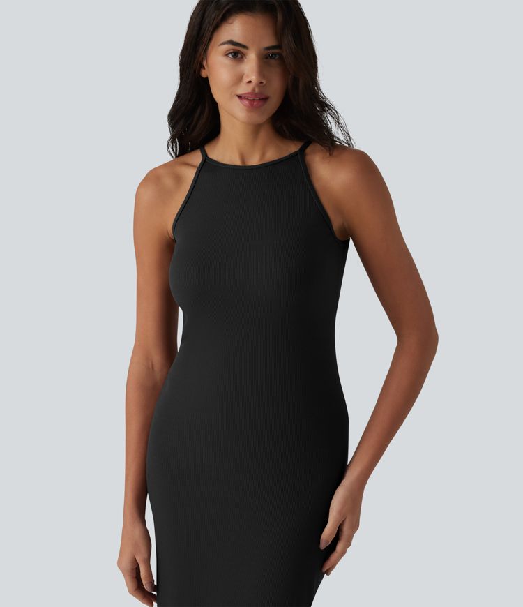 Ribbed Knit Round Neck Midi Casual Slip Dress Ribbed Knit Round Neck Midi Casual Slip Dress
