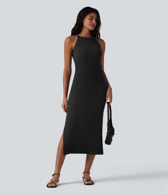 Ribbed Knit Round Neck Midi Casual Slip Dress Ribbed Knit Round Neck Midi Casual Slip Dress