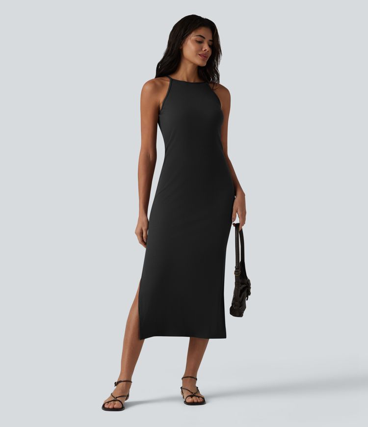 Ribbed Knit Round Neck Midi Casual Slip Dress Ribbed Knit Round Neck Midi Casual Slip Dress