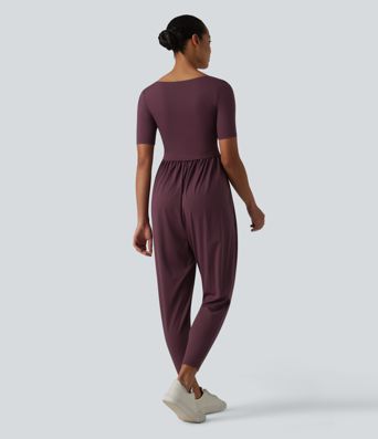 SoftlyZero™ Airy Scoop Neck Short Sleeve Built-in Bra Cool Touch Casual Jumpsuit with Pockets-Easy Peezy Edition