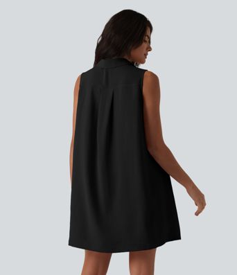 Robe-chemise courte casual sans manches aspect lin, avec poches