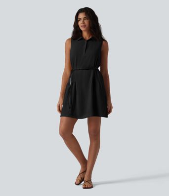 Robe-chemise courte casual sans manches aspect lin, avec poches