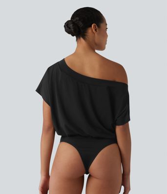 One Shoulder Built-in Bra Short Sleeve Quick Dry Casual Bodysuit One Shoulder Built-in Bra Short Sleeve Quick Dry Casual Bodysuit