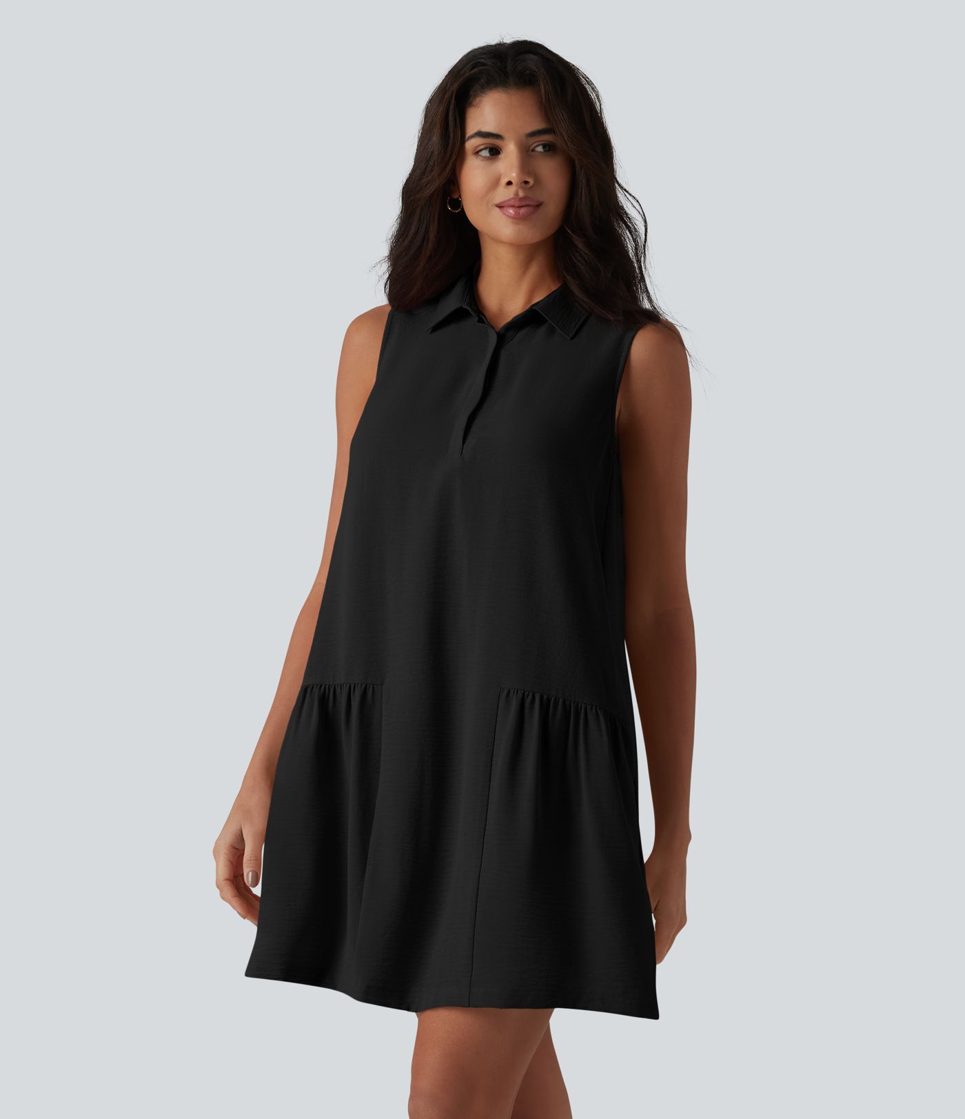 Robe-chemise courte casual sans manches aspect lin, avec poches