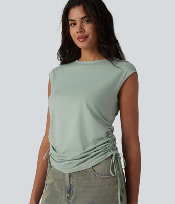 Round Neck Cap Sleeve Drawstring Casual T-Shirt