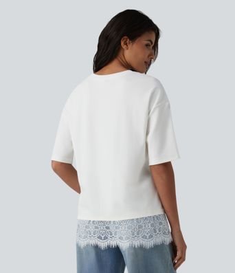 Crew Neck Half Sleeve Contrast Lace Casual Cotton T-Shirt