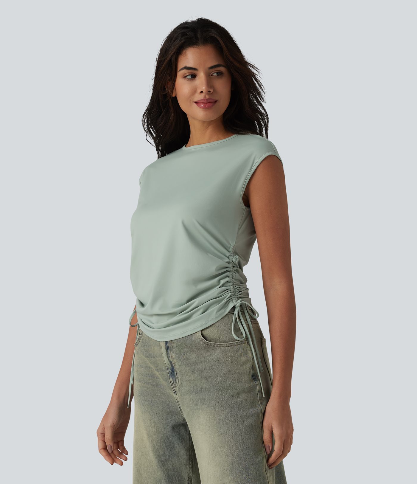 Round Neck Cap Sleeve Drawstring Casual T-Shirt