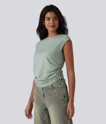 Round Neck Cap Sleeve Drawstring Casual T-Shirt