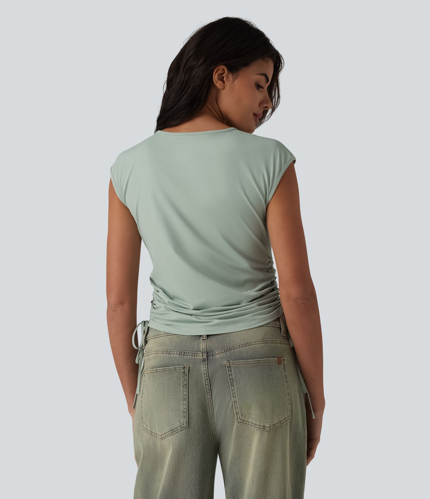 Round Neck Cap Sleeve Drawstring Casual T-Shirt
