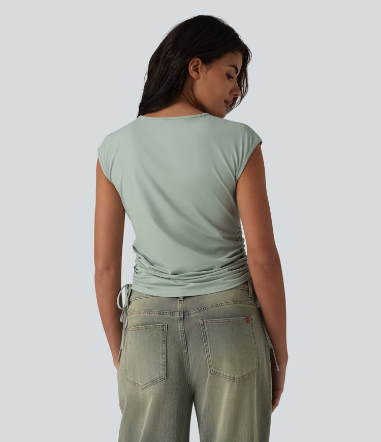 Round Neck Cap Sleeve Drawstring Casual T-Shirt