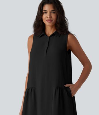 Robe-chemise courte casual sans manches aspect lin, avec poches