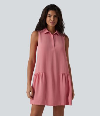 Robe-chemise courte casual sans manches aspect lin, avec poches