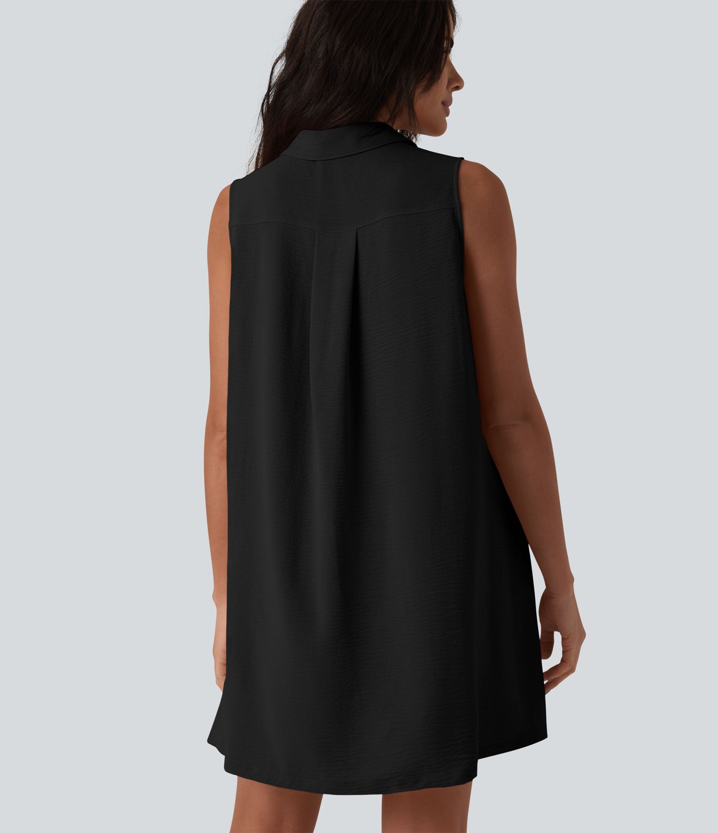 Robe-chemise courte casual sans manches aspect lin, avec poches