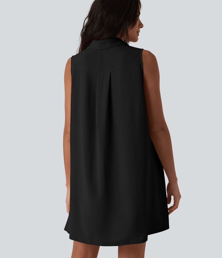 Robe-chemise courte casual sans manches aspect lin, avec poches