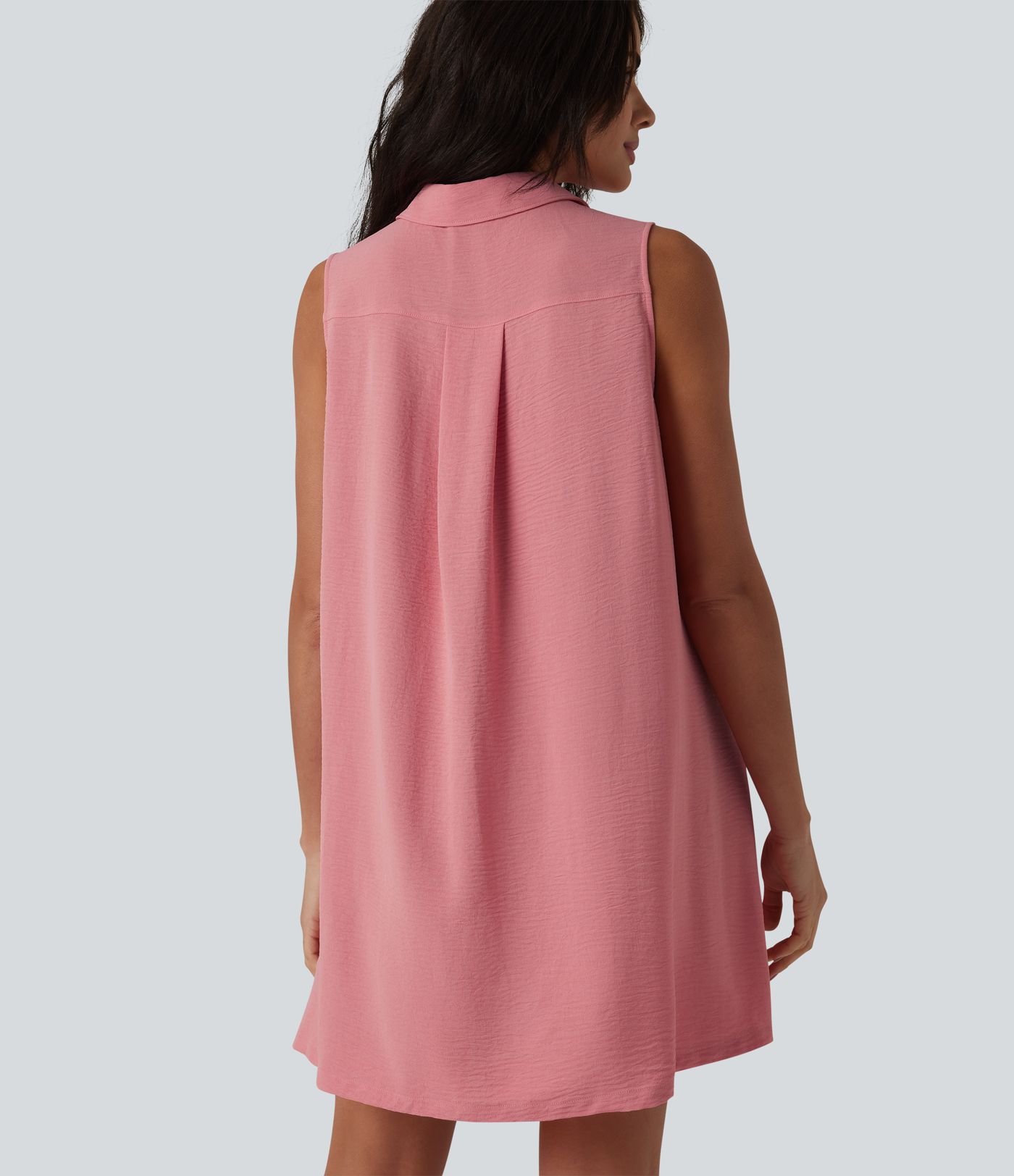 Robe-chemise courte casual sans manches aspect lin, avec poches