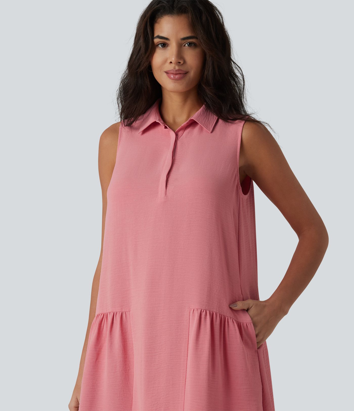 Robe-chemise courte casual sans manches aspect lin, avec poches
