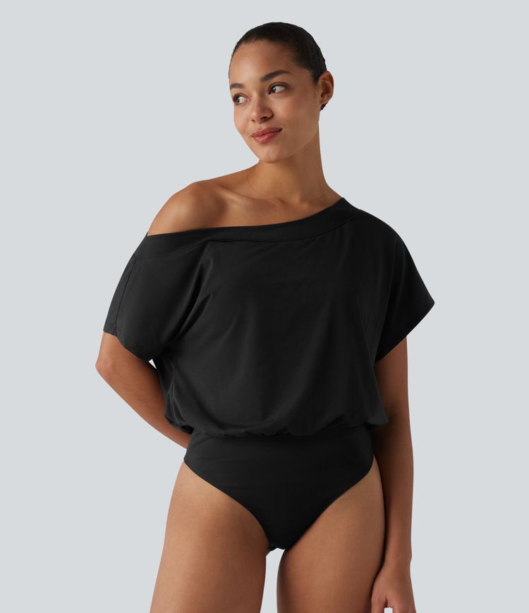 One Shoulder Built-in Bra Short Sleeve Quick Dry Casual Bodysuit One Shoulder Built-in Bra Short Sleeve Quick Dry Casual Bodysuit