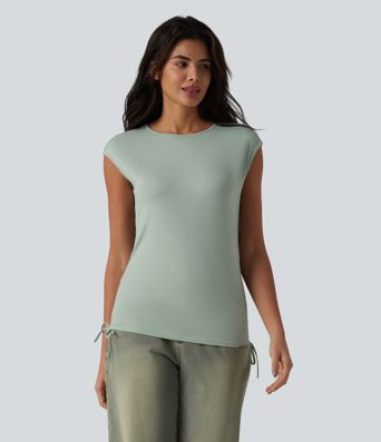 Round Neck Cap Sleeve Drawstring Casual T-Shirt
