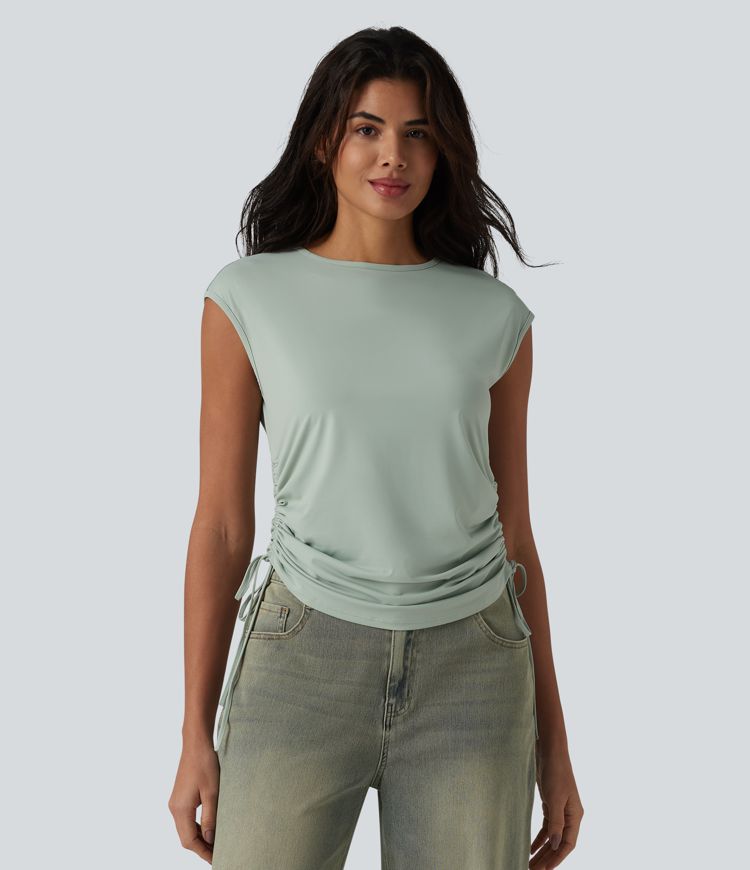 Round Neck Cap Sleeve Drawstring Casual T-Shirt