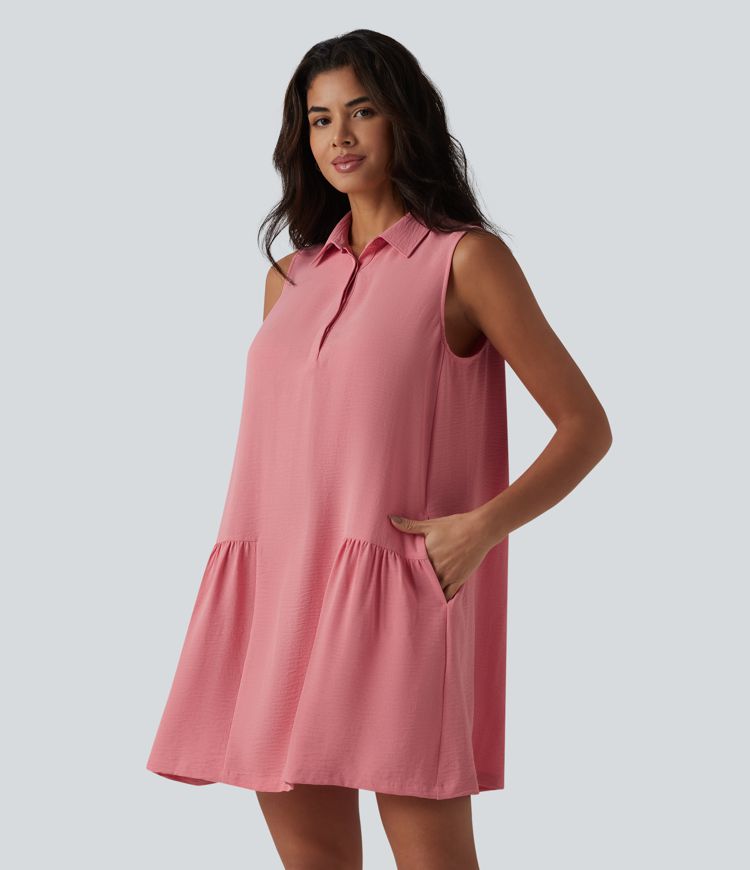 Robe-chemise courte casual sans manches aspect lin, avec poches