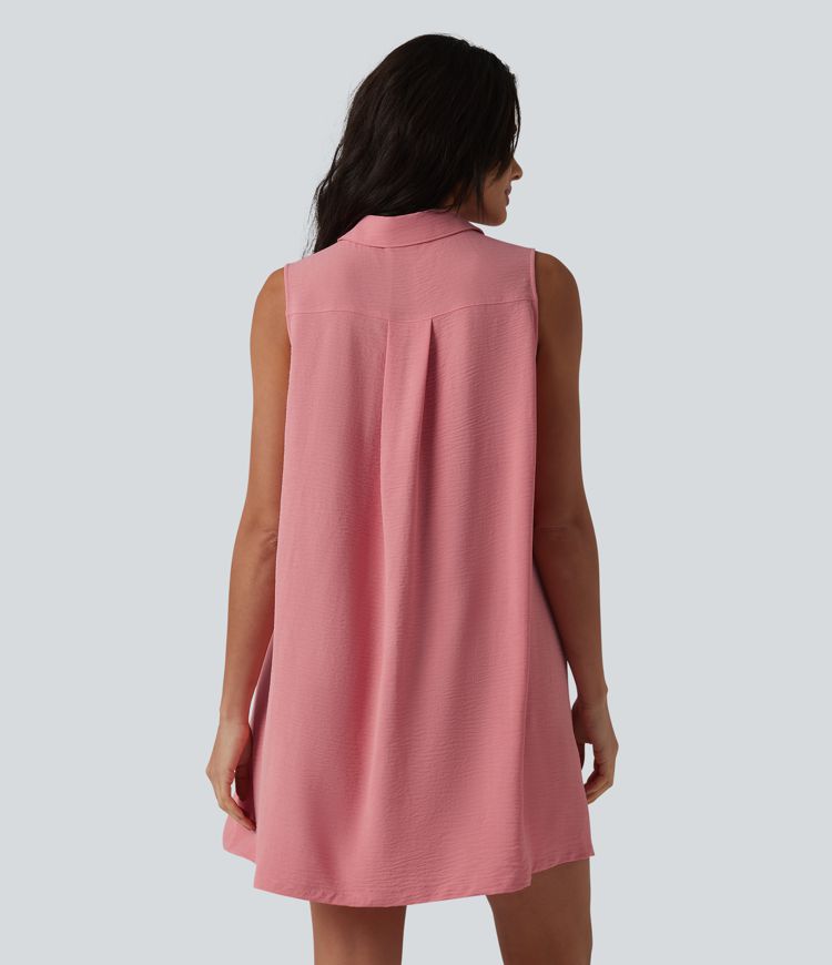 Robe-chemise courte casual sans manches aspect lin, avec poches