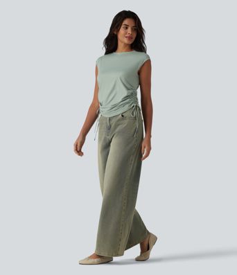 Round Neck Cap Sleeve Drawstring Casual T-Shirt