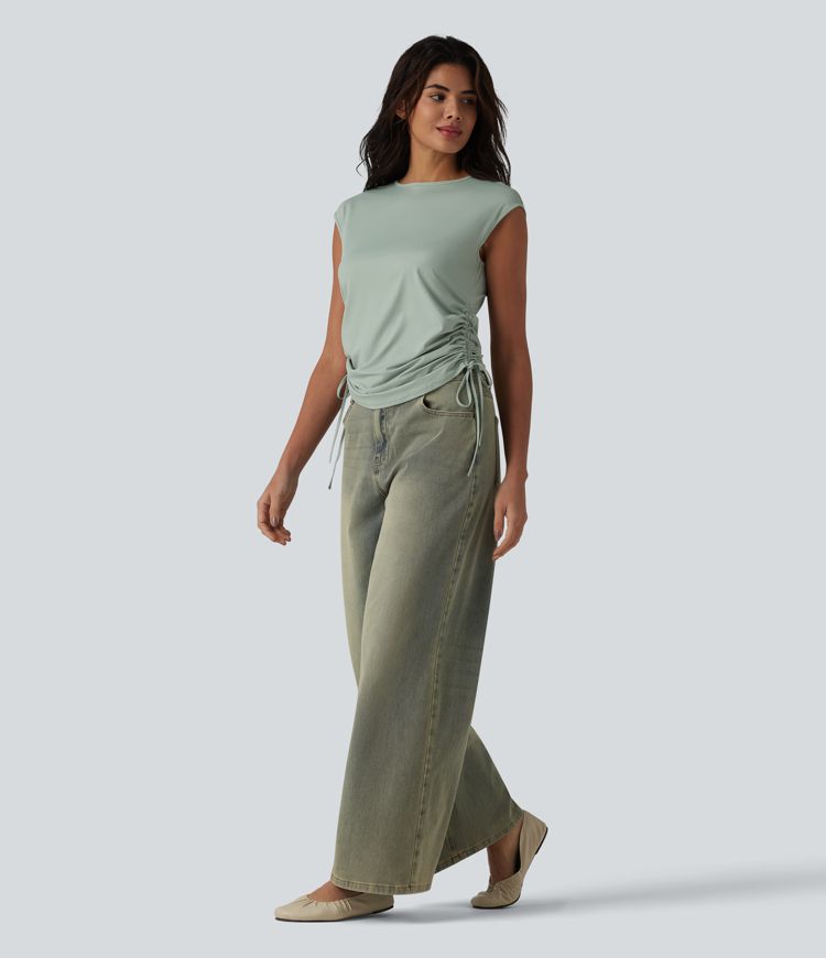 Round Neck Cap Sleeve Drawstring Casual T-Shirt