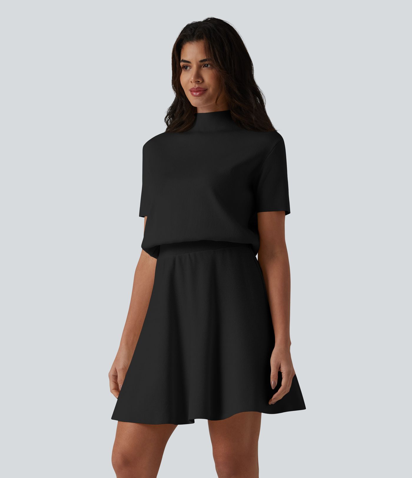 Robe pull courte casual col cheminée à manches courtes, coupe trapèze