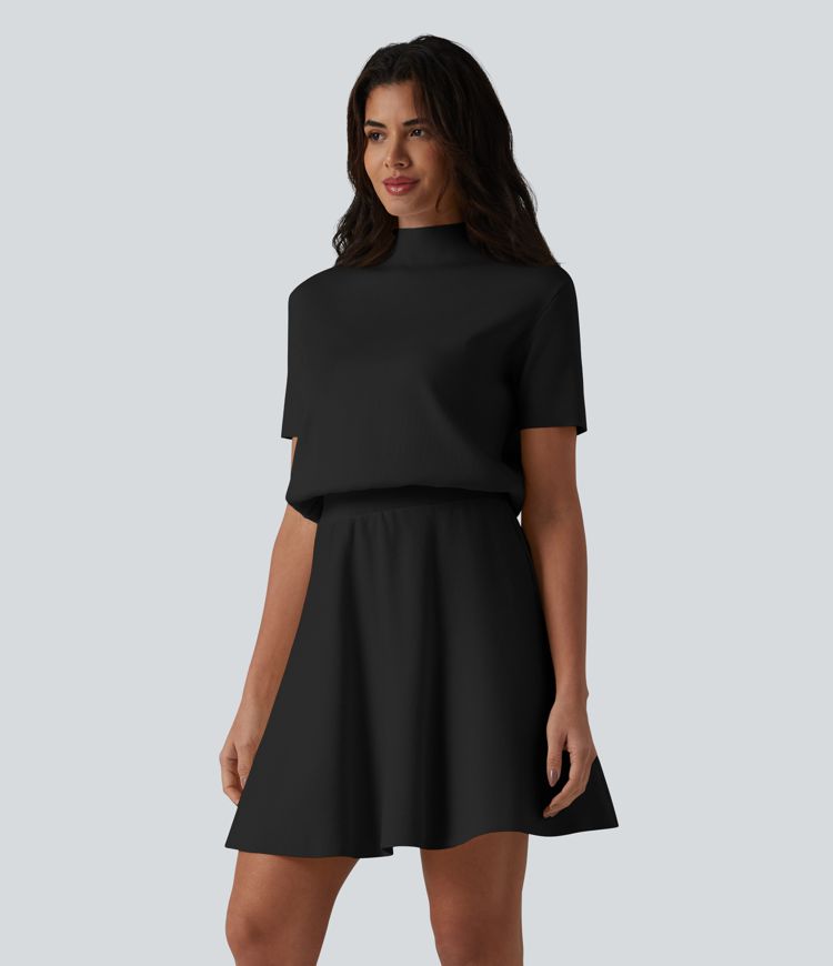 Robe pull courte casual col cheminée à manches courtes, coupe trapèze