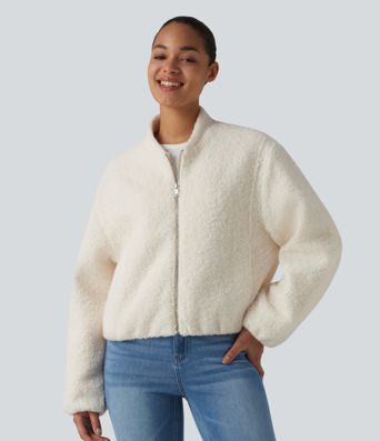 Lässige Sherpa-Jacke mit Seitentaschen und Reißverschluss