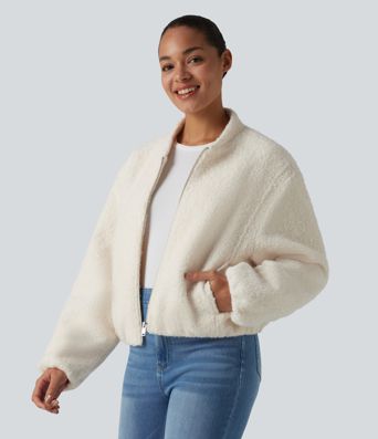 Lässige Sherpa-Jacke mit Seitentaschen und Reißverschluss