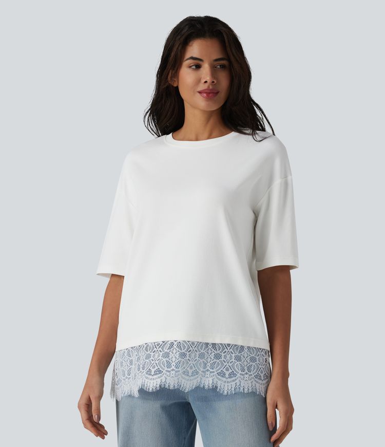 Crew Neck Half Sleeve Contrast Lace Casual Cotton T-Shirt