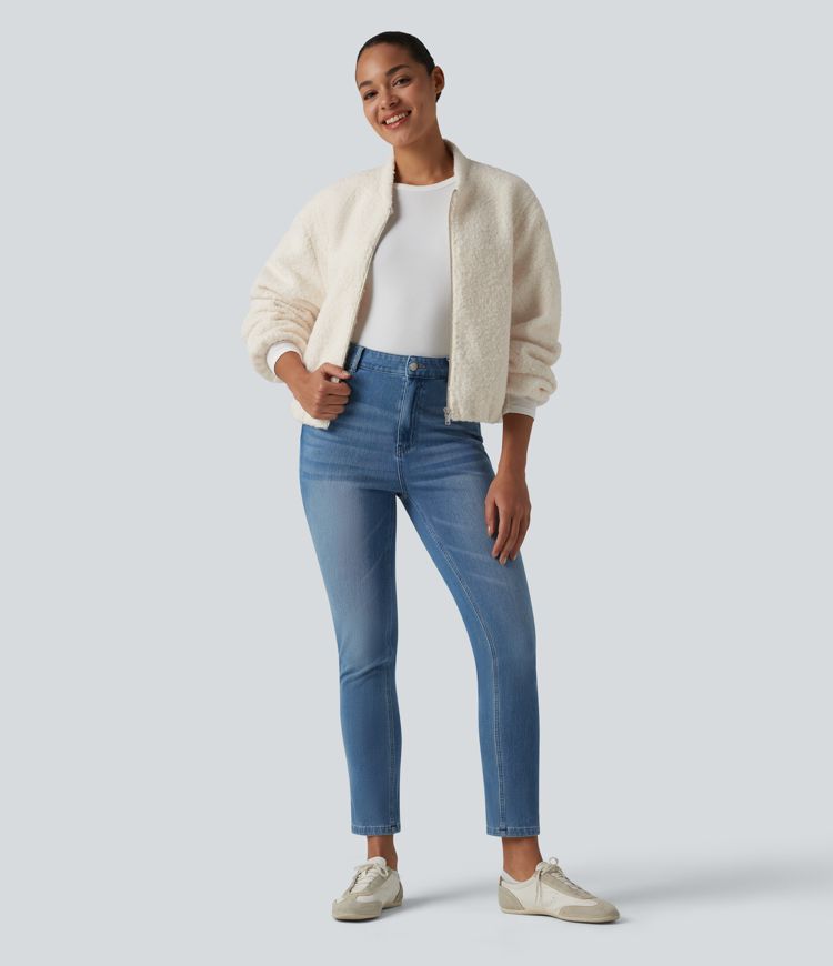 Lässige Sherpa-Jacke mit Seitentaschen und Reißverschluss