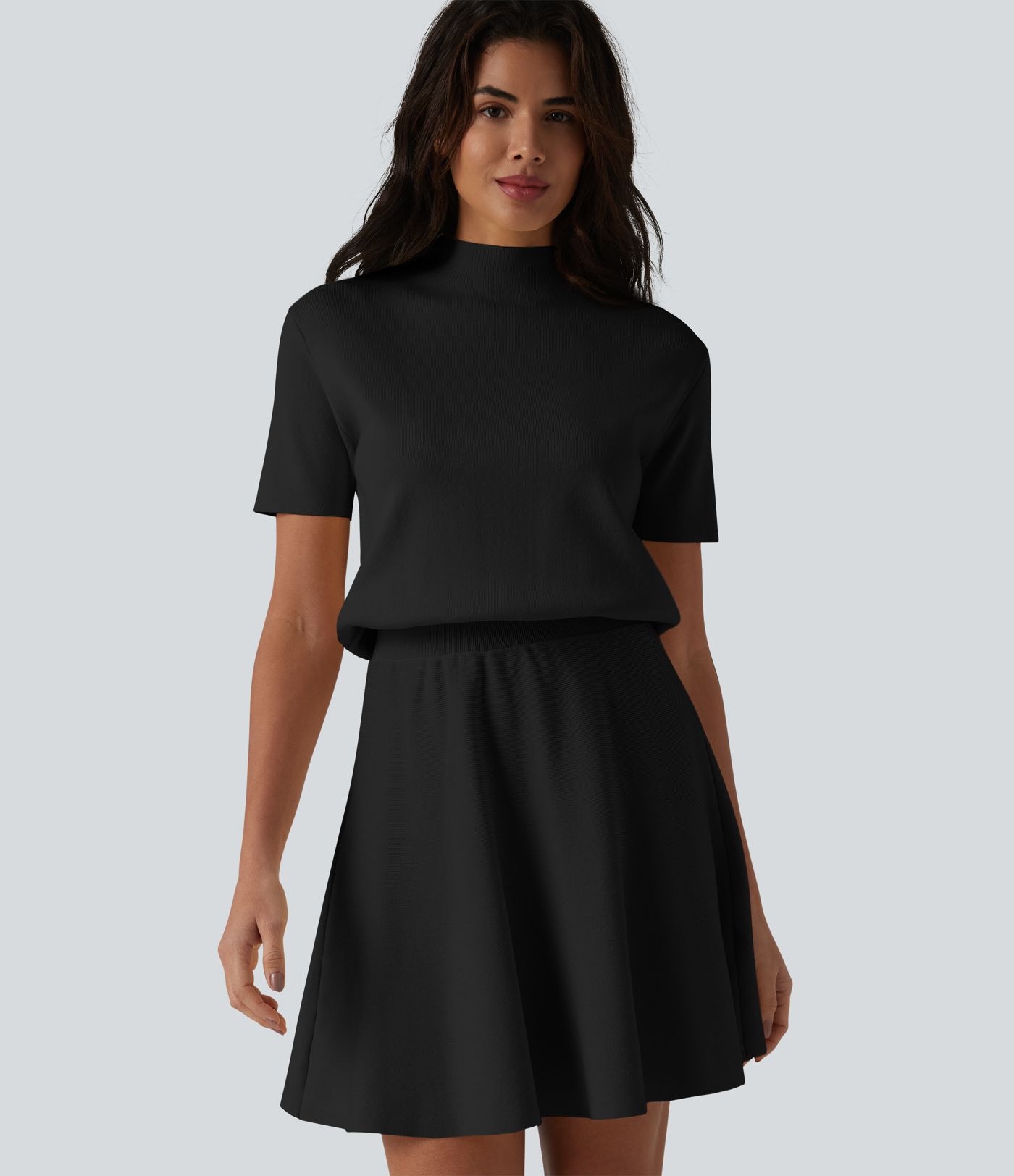 Robe pull courte casual col cheminée à manches courtes, coupe trapèze