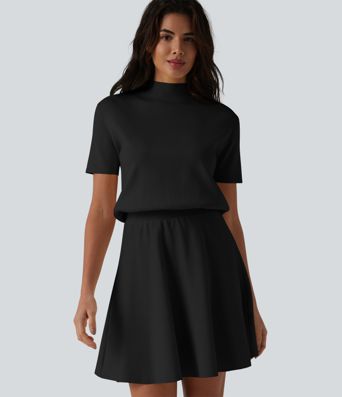 Robe pull courte casual col cheminée à manches courtes, coupe trapèze