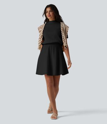 Robe pull courte casual col cheminée à manches courtes, coupe trapèze