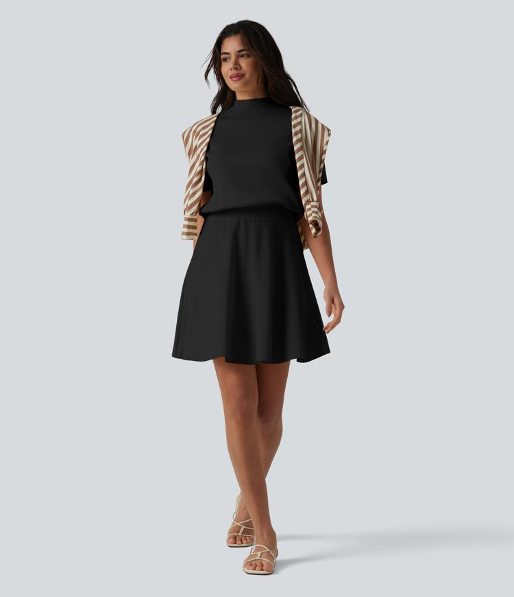 Robe pull courte casual col cheminée à manches courtes, coupe trapèze